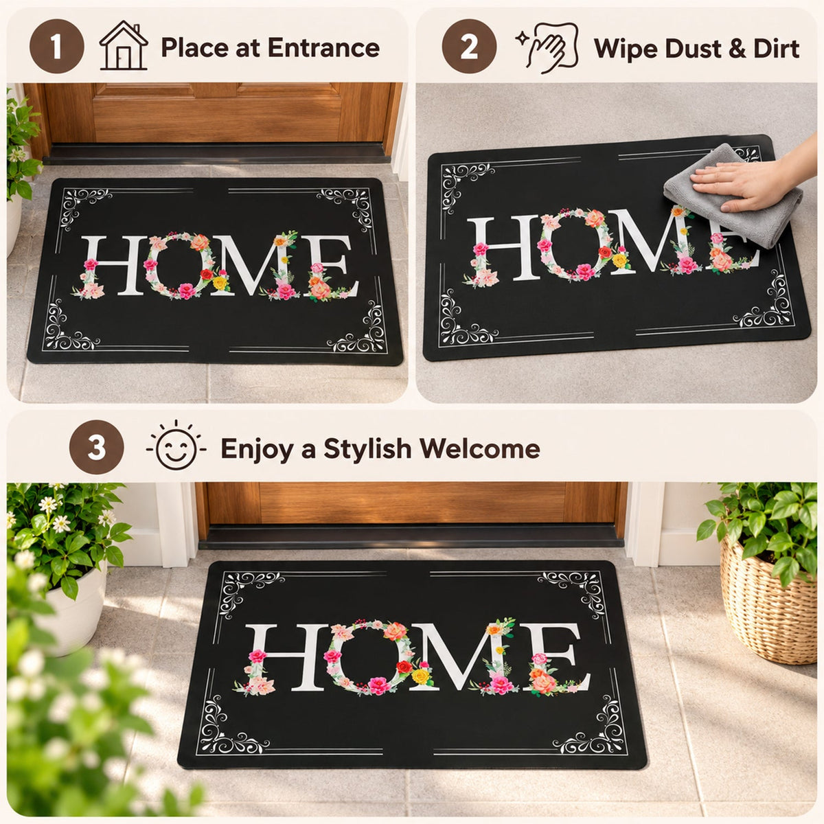 Three panels show the mat's use: placed at an entrance, being wiped clean, and welcoming guests.