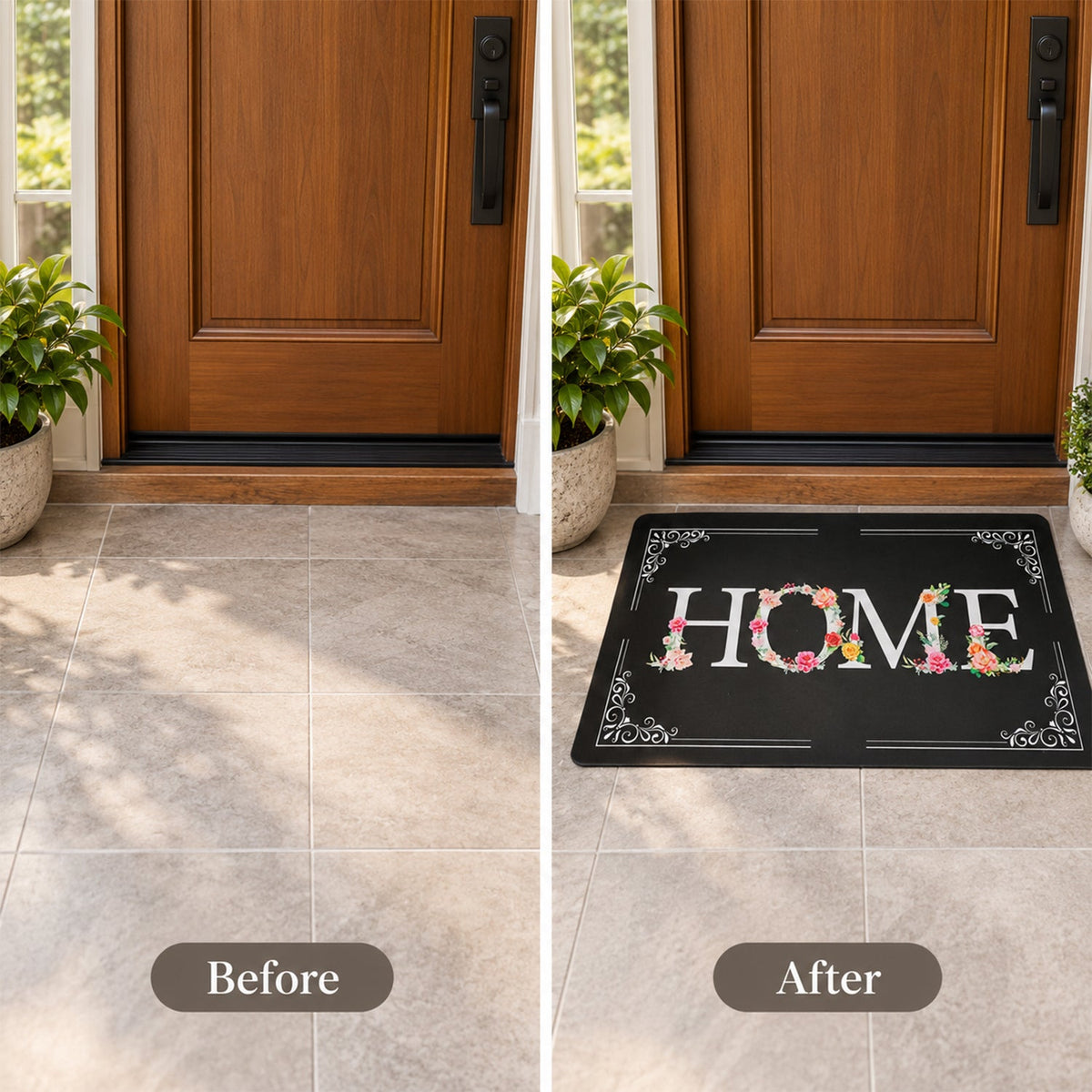 A split image shows a tiled entryway before and after placing a black floral HOME mat.