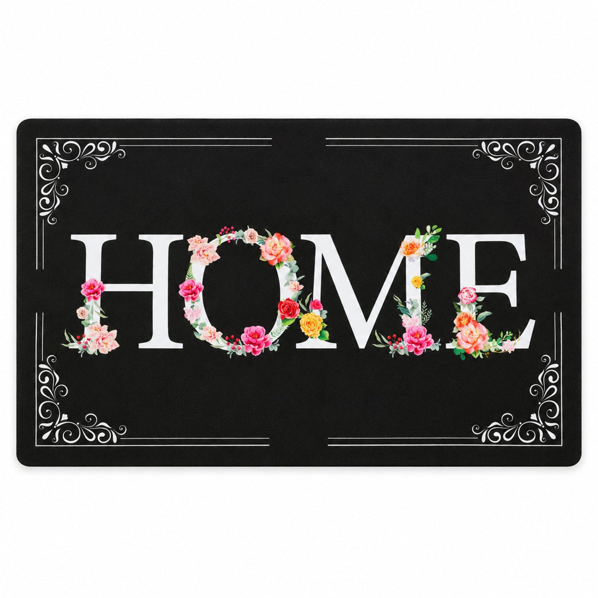 A black rectangular mat with a white and colorful floral HOME design and decorative corners.