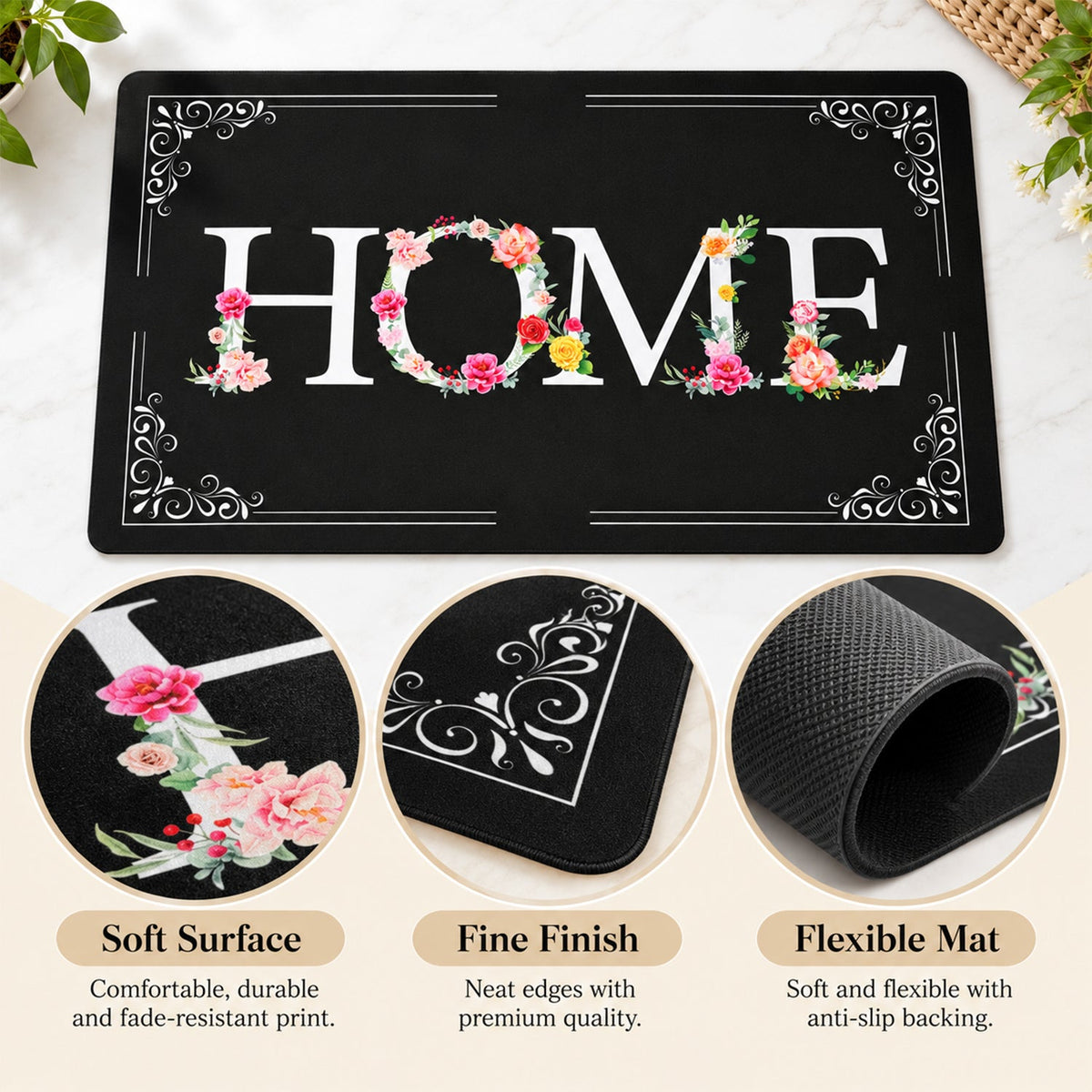 A black mat with a floral HOME design, with three circular insets highlighting its soft surface, fine finish, and flexible