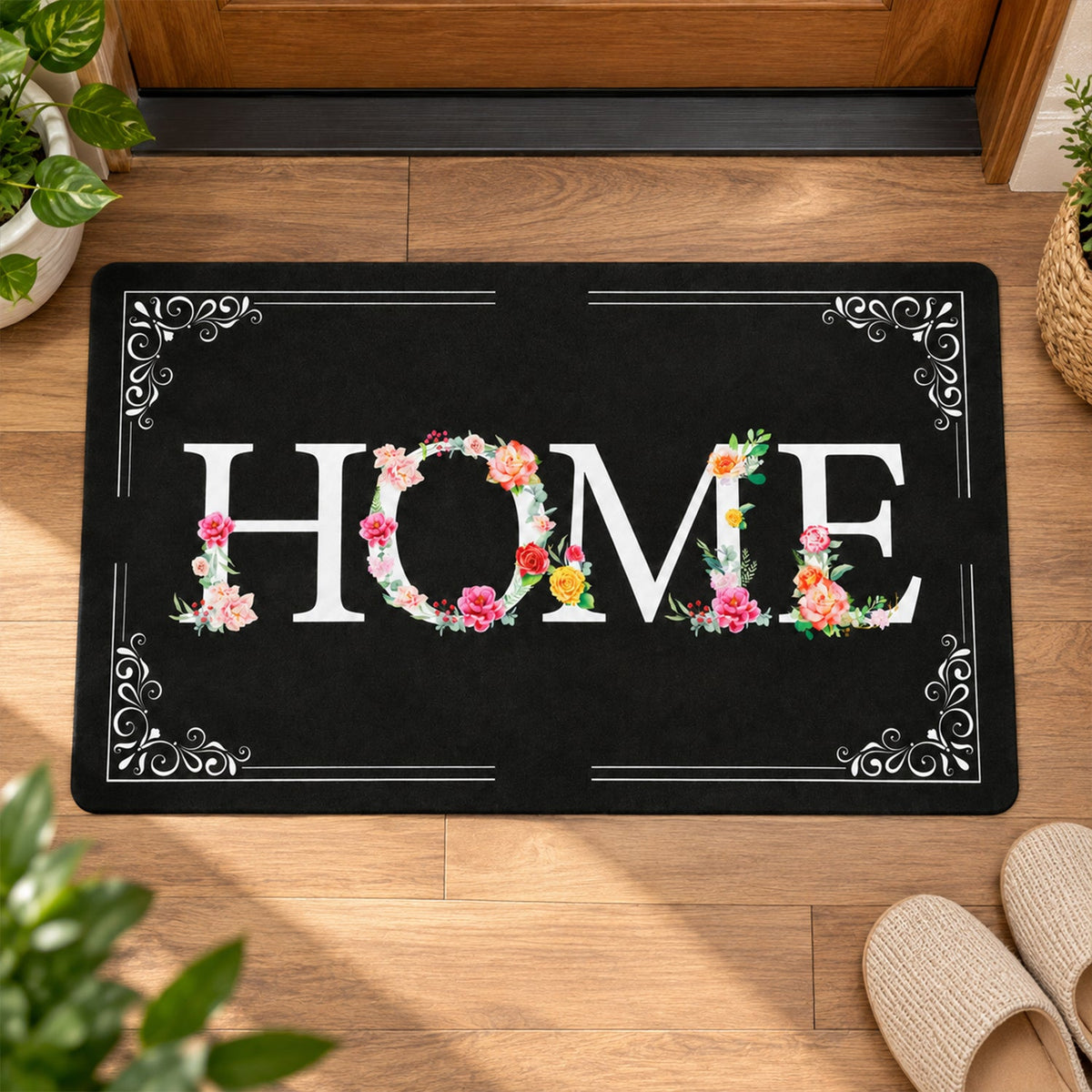 A black rectangular mat with a white and floral HOME design sits on a wooden floor, with slippers nearby.