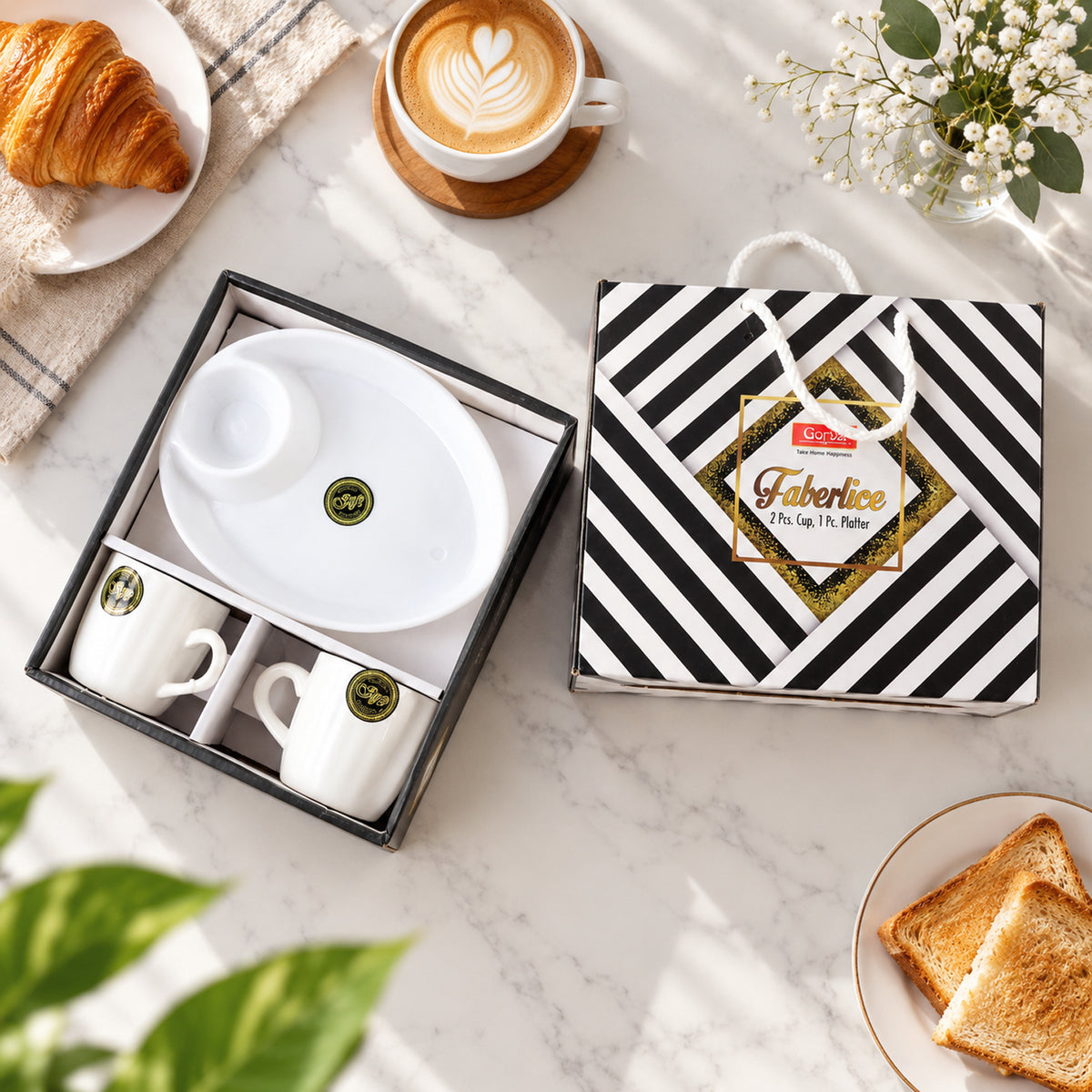 Ceramic Tea/Coffee Cup Set - Alpino 3-Piece with 2-Compartment Serving Platter (BPA-Free)
