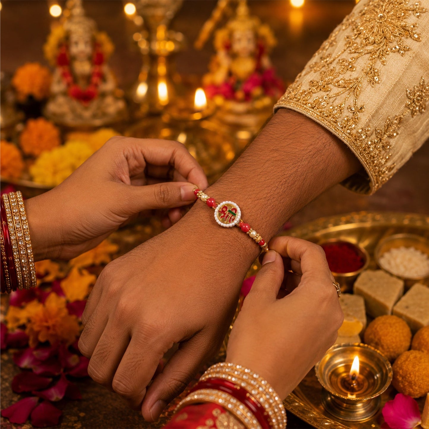 Traditional designer Rakhi with beads and Shri Symbol centerpiece
