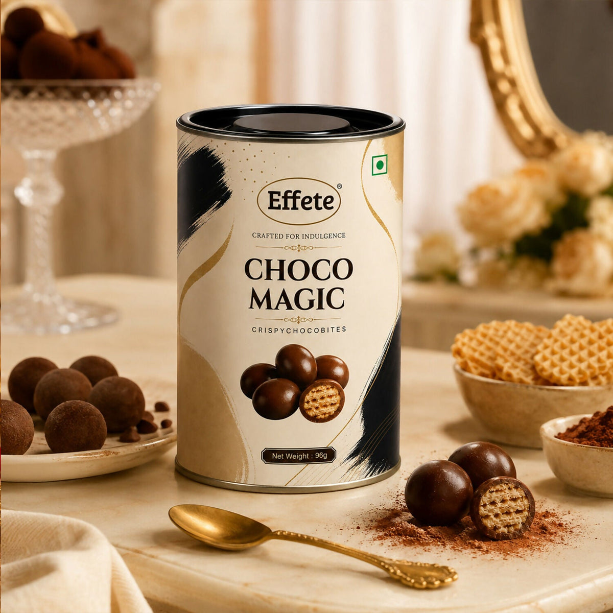 The Choco Magic tin is surrounded by chocolate truffles, wafer biscuits, and cocoa powder on a marble surface.