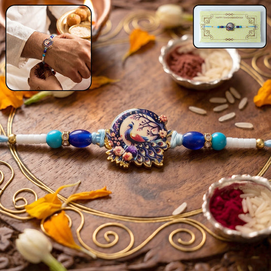 Royal Mughal Peacock Rakhi with decorative beads and intricate design
