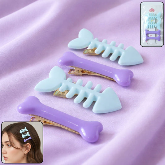 Cute Fishbone & Bone Shape Hair Clip Set (4 Pc)