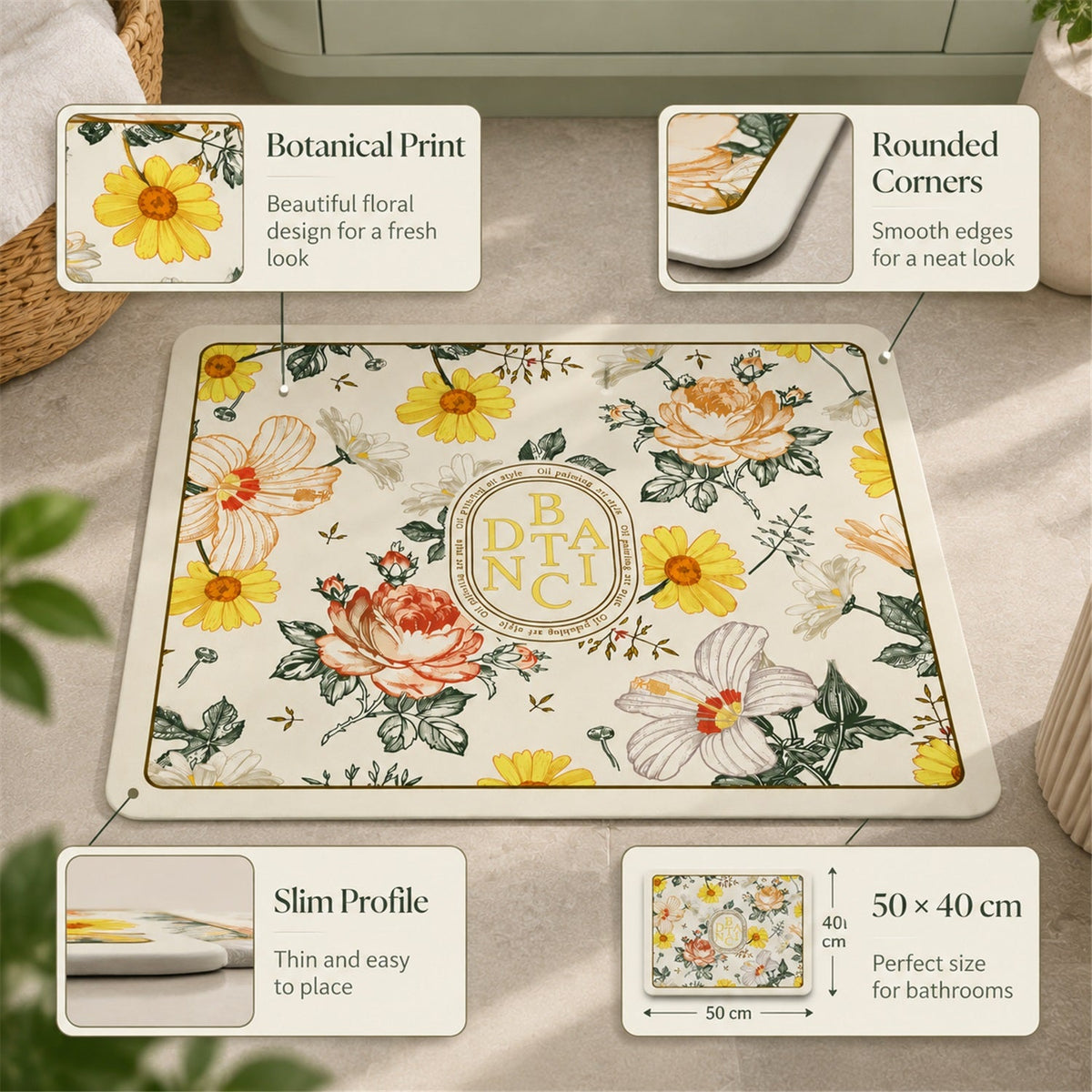 A rectangular floral bath mat with insets highlighting its botanical print, rounded corners, slim profile, and 50x40 cm