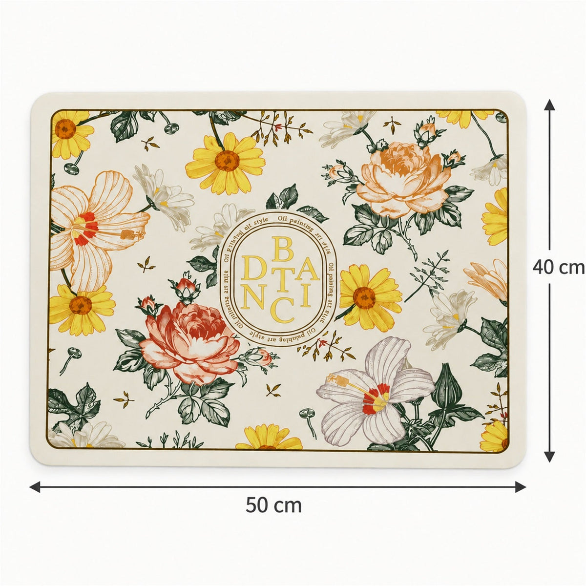 A rectangular bath mat with a botanical floral pattern, showing dimensions of 50 cm width and 40 cm length.