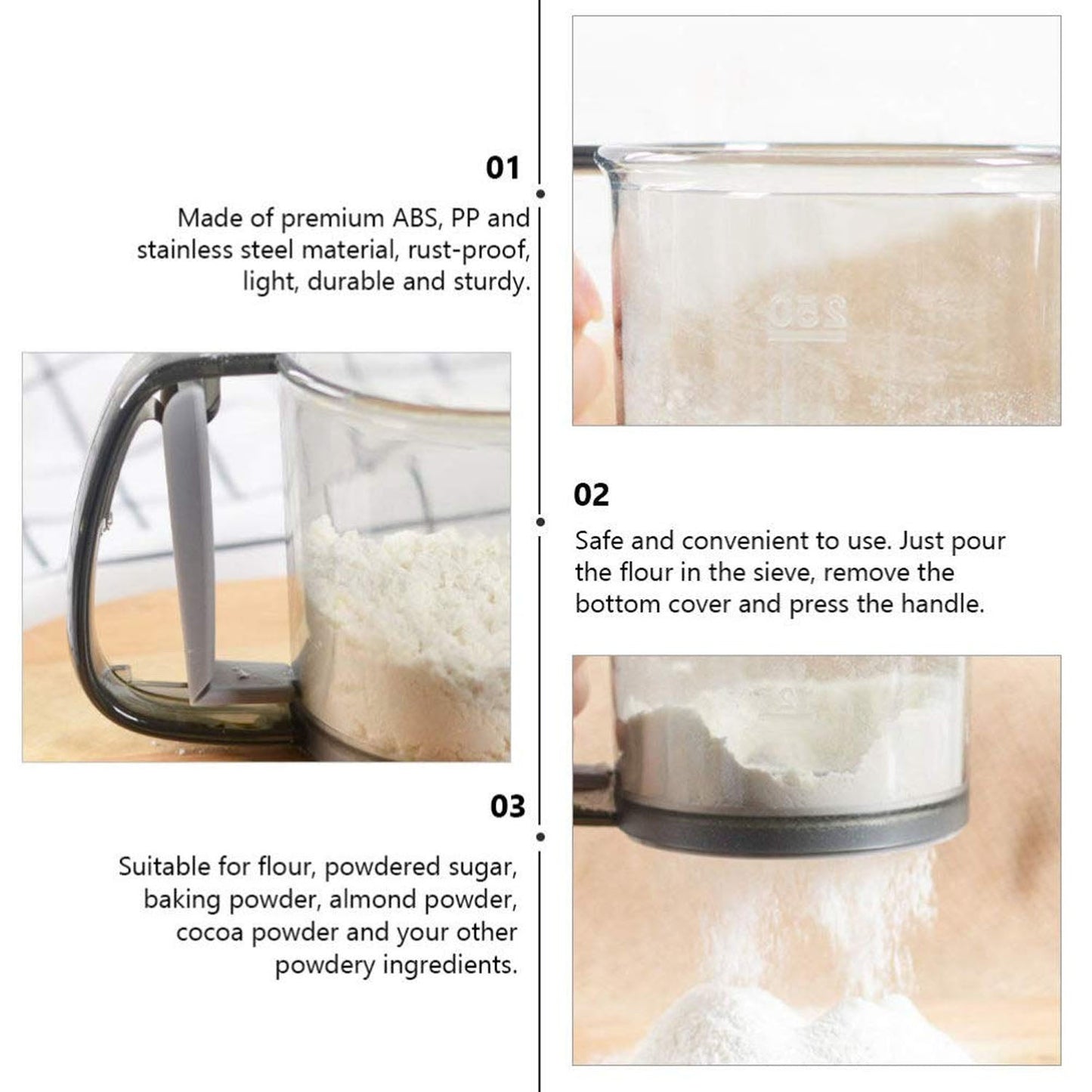 Plastic Flour Sieve Cup with Handle and Fine Mesh Filter for Kitchen Baking