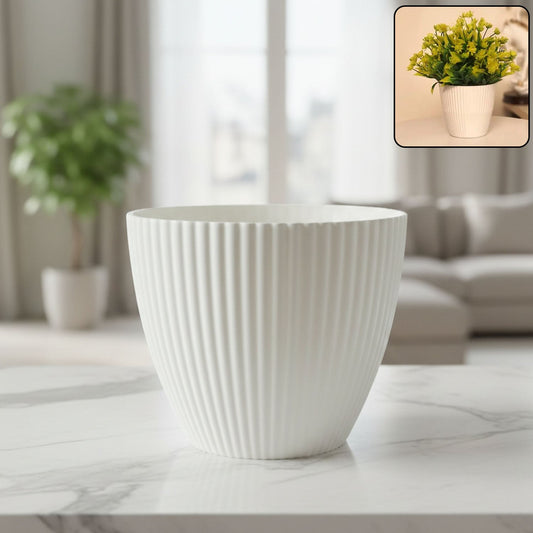 Premium White Ribbed Decorative Flower Pot (1 Pc)