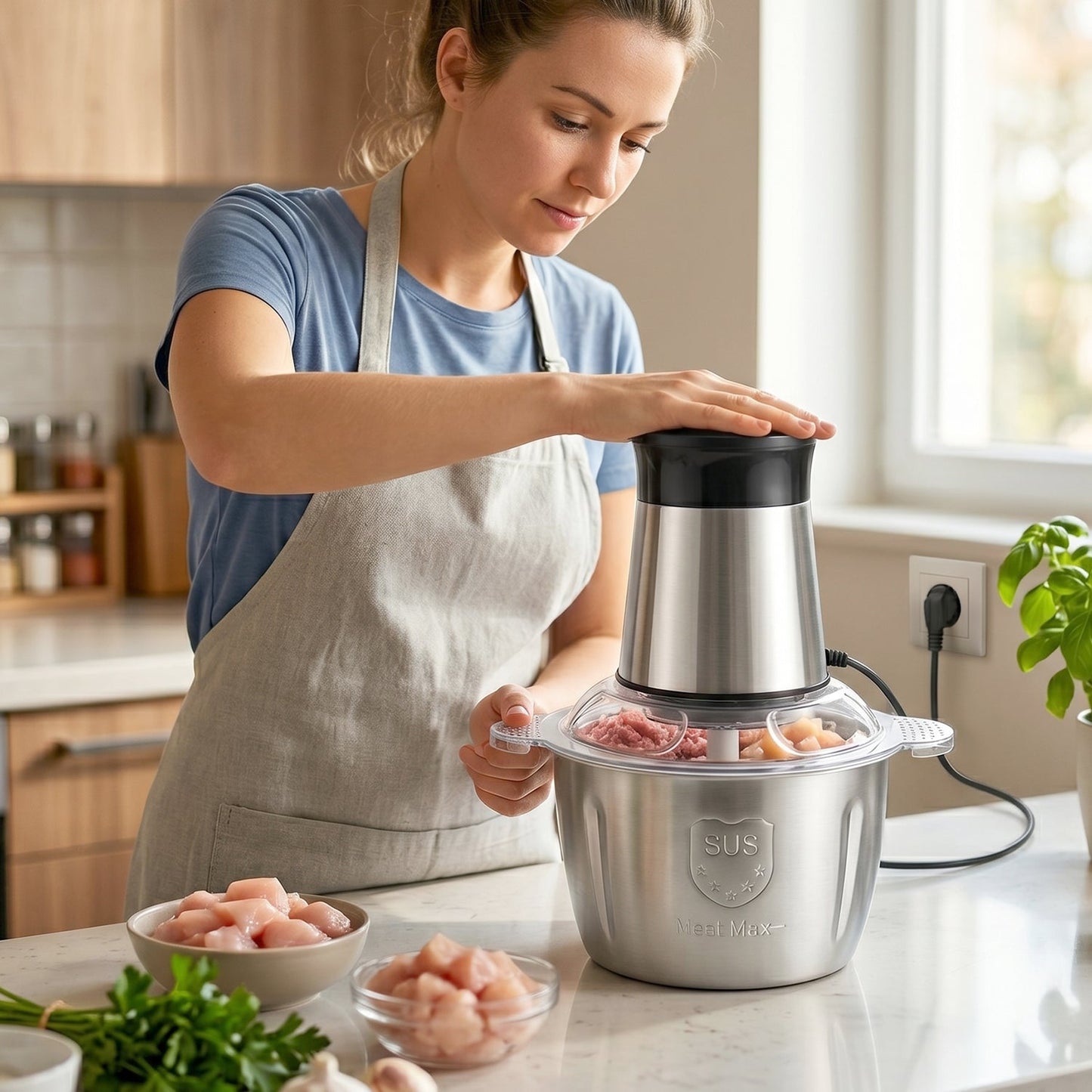 Electric chopper kitchen appliance with stainless steel blades