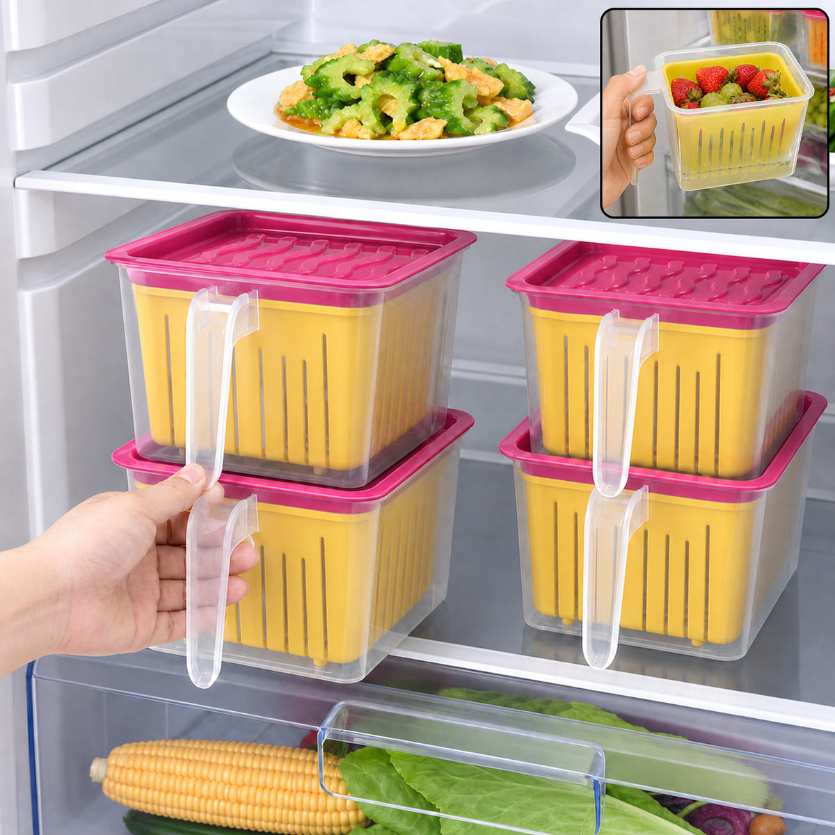 Fridge Storage Containers with Handle Plastic Storage Container for Kitchen(4 Pcs Set)