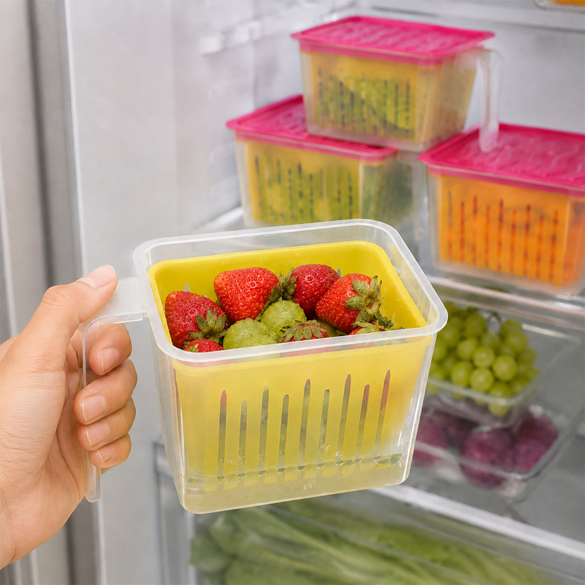 Fridge Storage Containers with Handle Plastic Storage Container for Kitchen(4 Pcs Set)