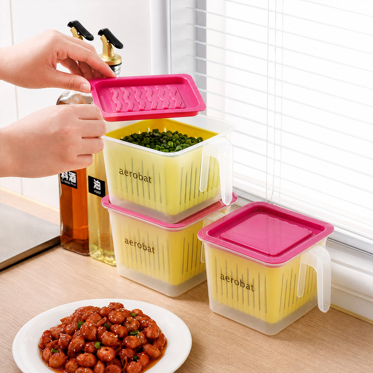 Fridge Storage Containers with Handle Plastic Storage Container for Kitchen(4 Pcs Set)