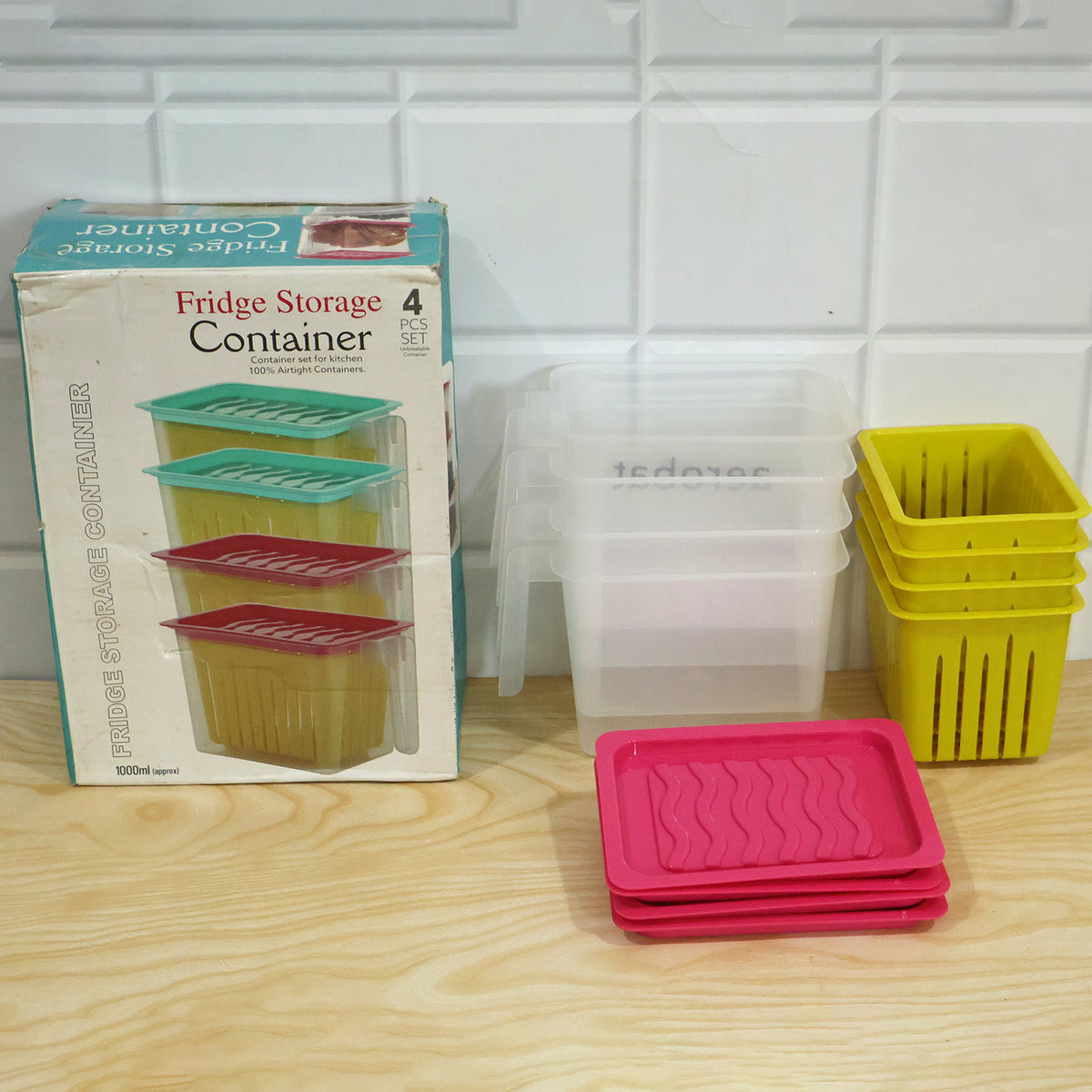 Fridge Storage Containers with Handle Plastic Storage Container for Kitchen(4 Pcs Set)