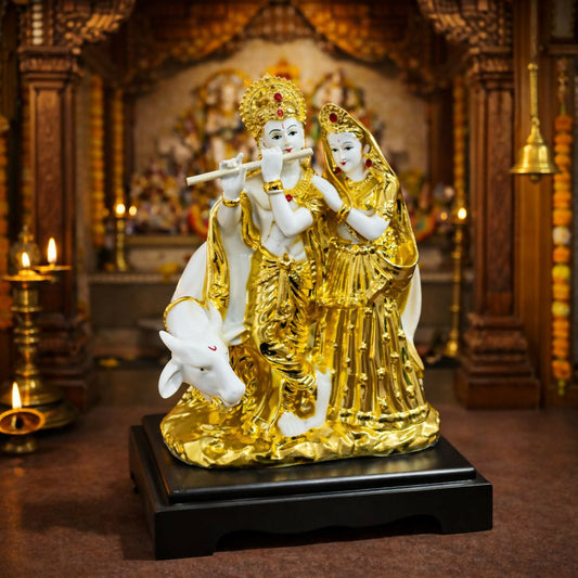 Radha Krishna with Cow Idol White and Golden Finish Statue for Home Temple Decor