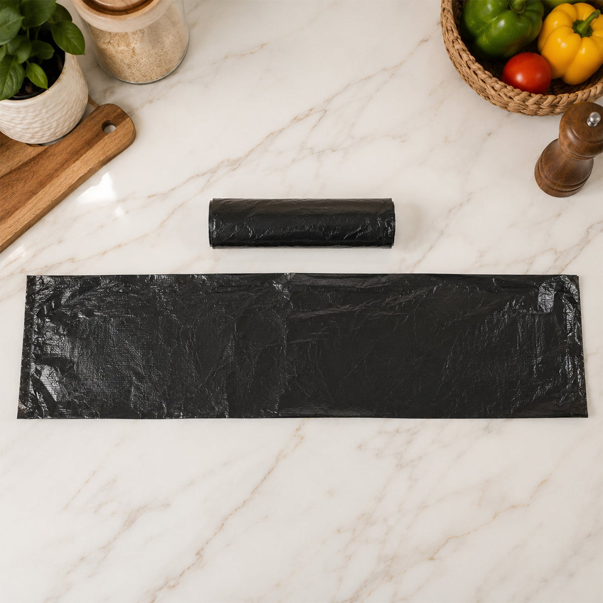 A rolled black garbage bag and a flattened bag lie on a marble counter with kitchen items in the background.