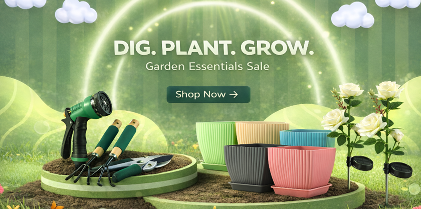 Promotional graphic for a garden essentials sale with pots, tools, and a plant on a green background.