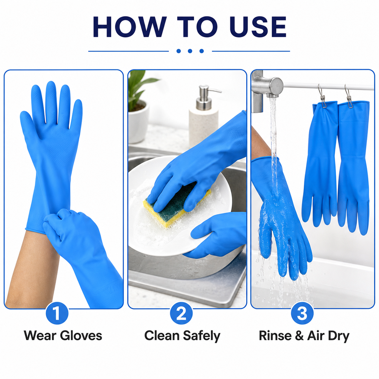Blue rubber gloves grip feature
