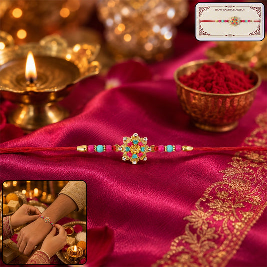 Front view of pink floral mandala designer Rakhi with beads and intricate design