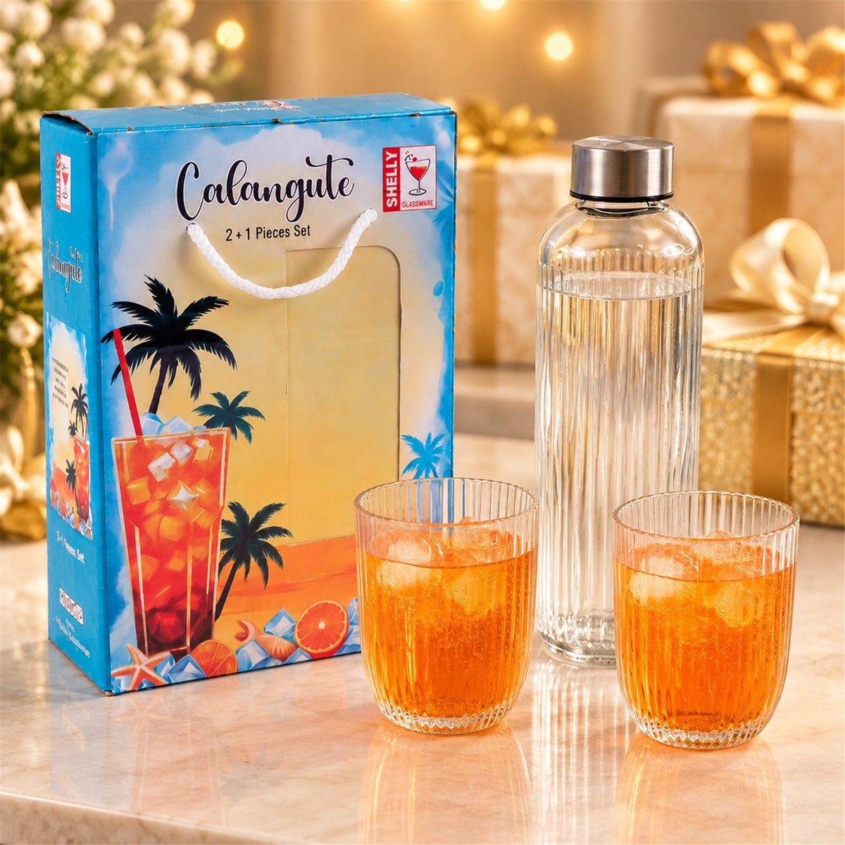 Ribbed water bottle glass gift set