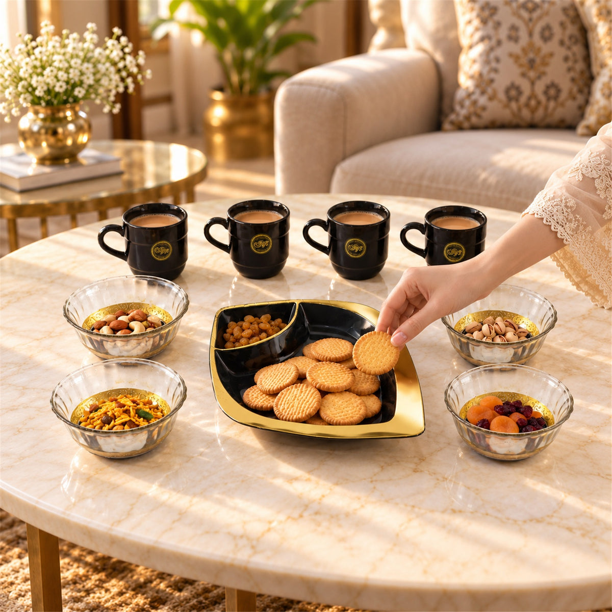 Healthy Choice Set Of 4pc Ceramic Cup And 4pc Glass Bowl With Plastic Plate (9 Pcs Set)