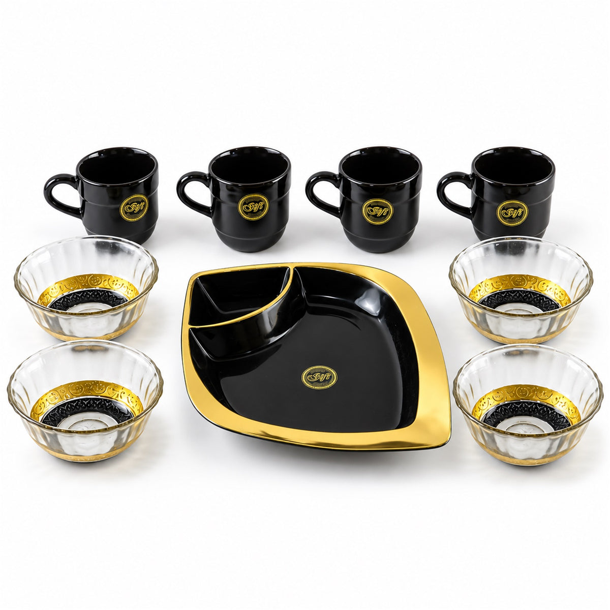 Healthy Choice Set Of 4pc Ceramic Cup And 4pc Glass Bowl With Plastic Plate (9 Pcs Set)