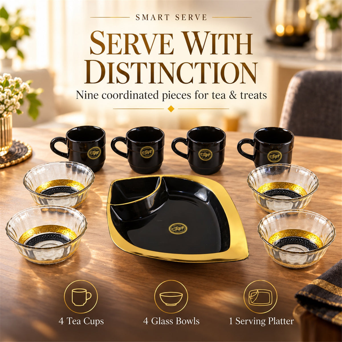 Healthy Choice Set Of 4pc Ceramic Cup And 4pc Glass Bowl With Plastic Plate (9 Pcs Set)