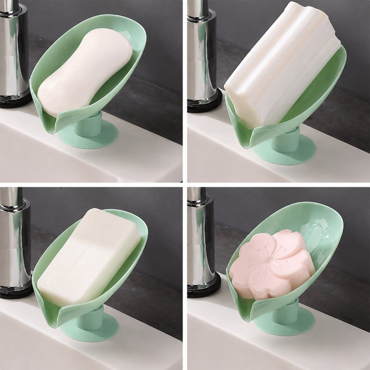 Decorative green soap holder with suction cups mounted on bathroom wall
