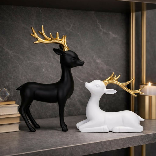Black and White Deer Showpiece Set with Golden Antlers for Home Decor