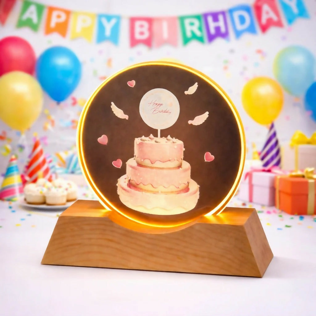 Happy Birthday LED Lamp Wooden Base Decorative Night Light