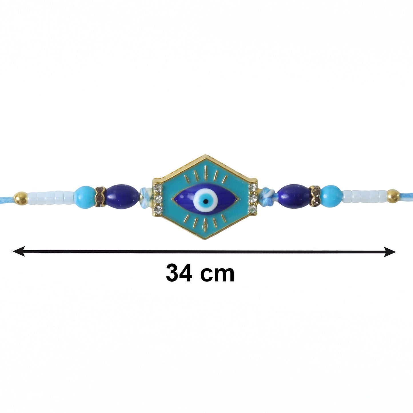 Side view of stylish turquoise evil eye hexagon Rakhi