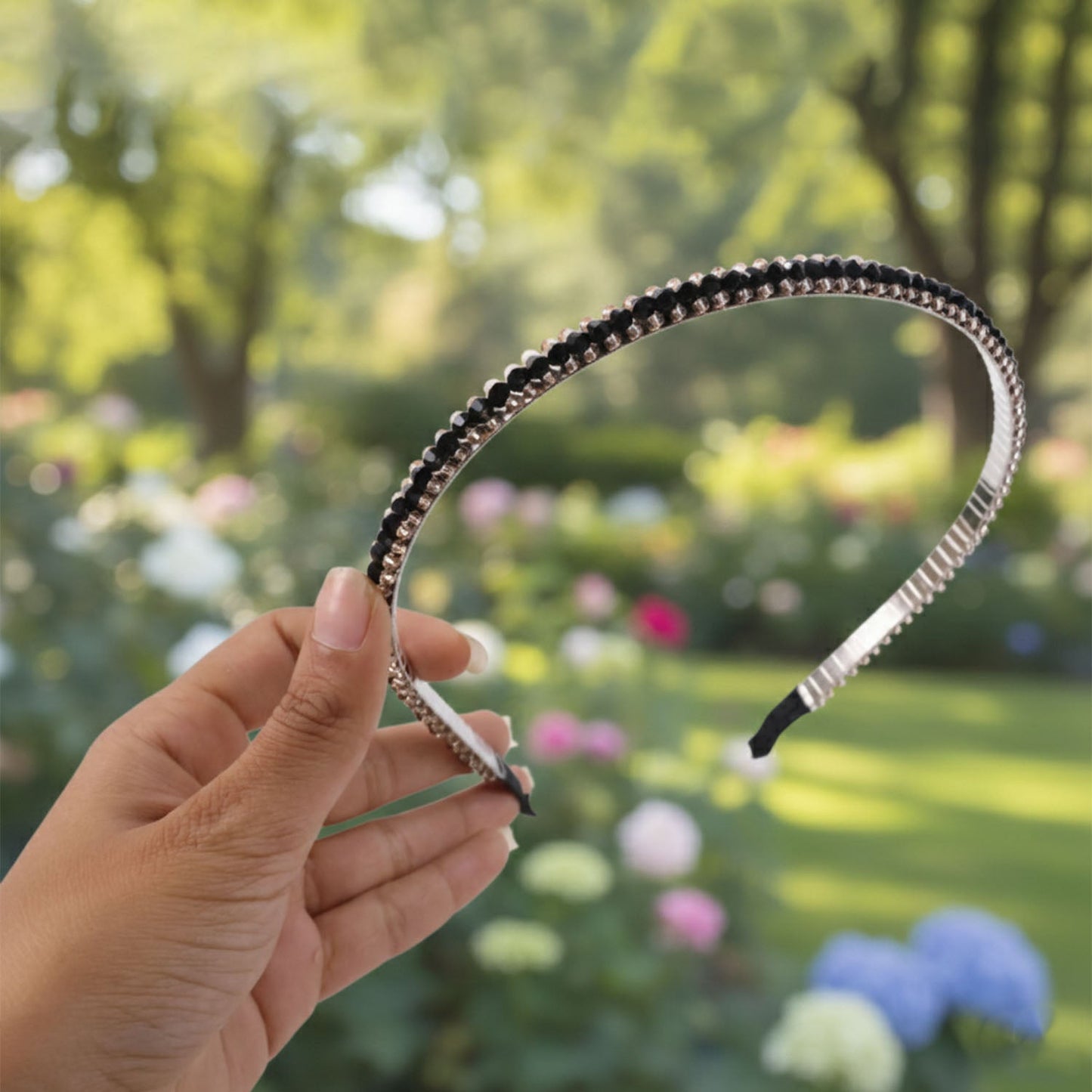 Elegant Black Crystal Studded Metal Hair Band (1 Pc)