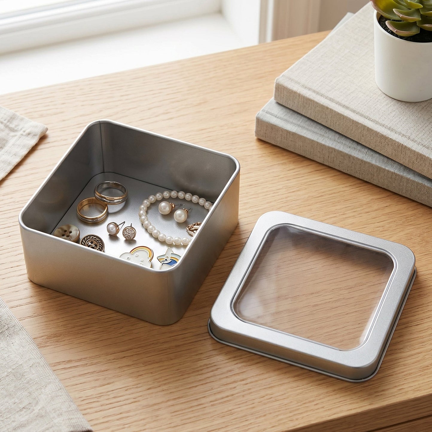 Multi-angle views of square metal storage tin box with secure lid