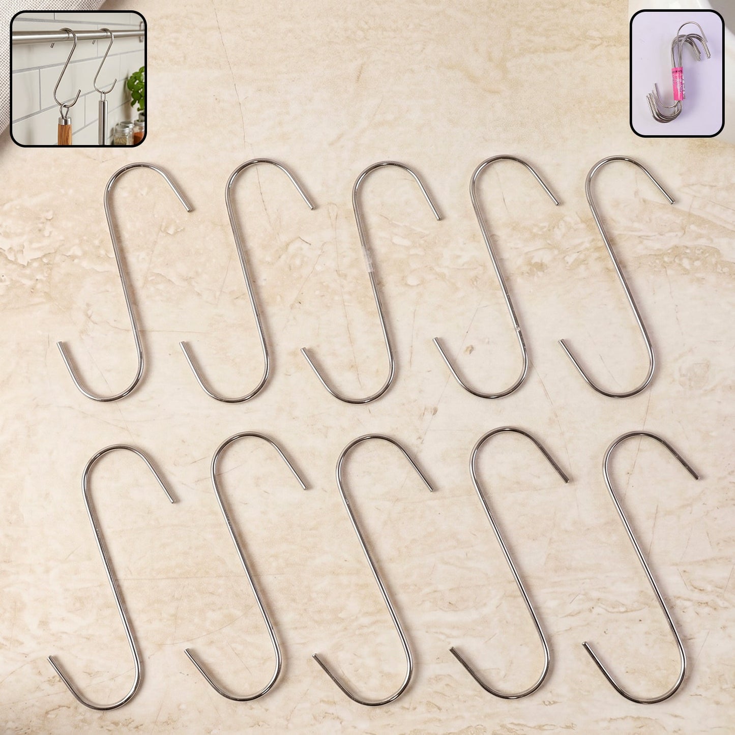 Silver heavy-duty S-shaped metal hook for kitchen and home storage.