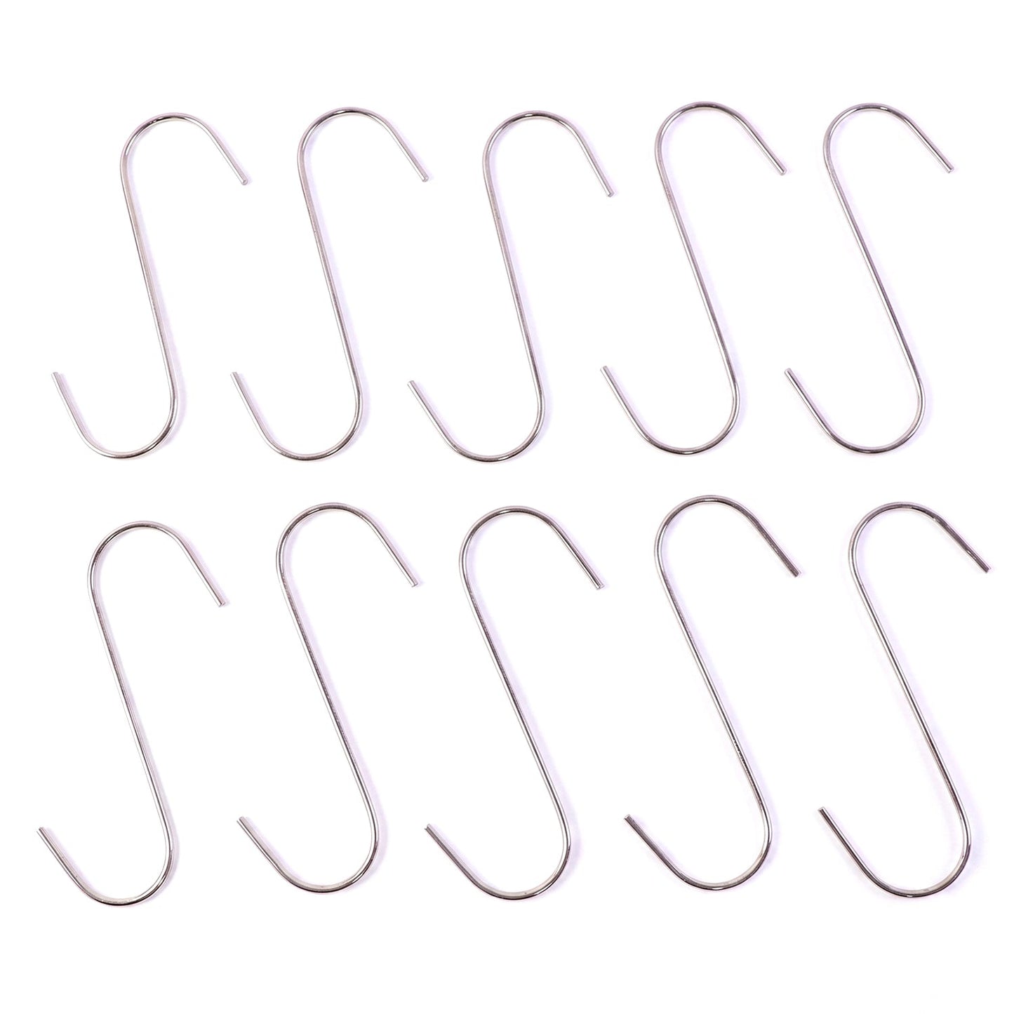 Sturdy metal S hook used for kitchen utensils and garden tools.