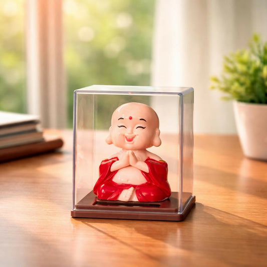 Solar Laughing Monk Bobble Head with Moving Head Display Case (Color may vary)