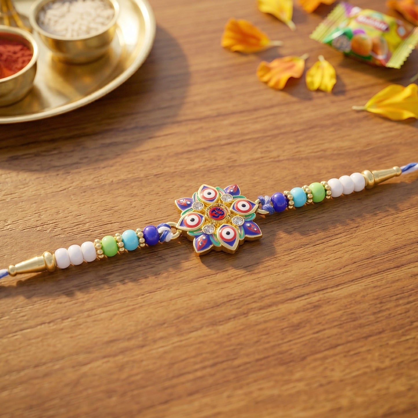 Side angle of Evil Eye OM Star Rakhi highlighting design features