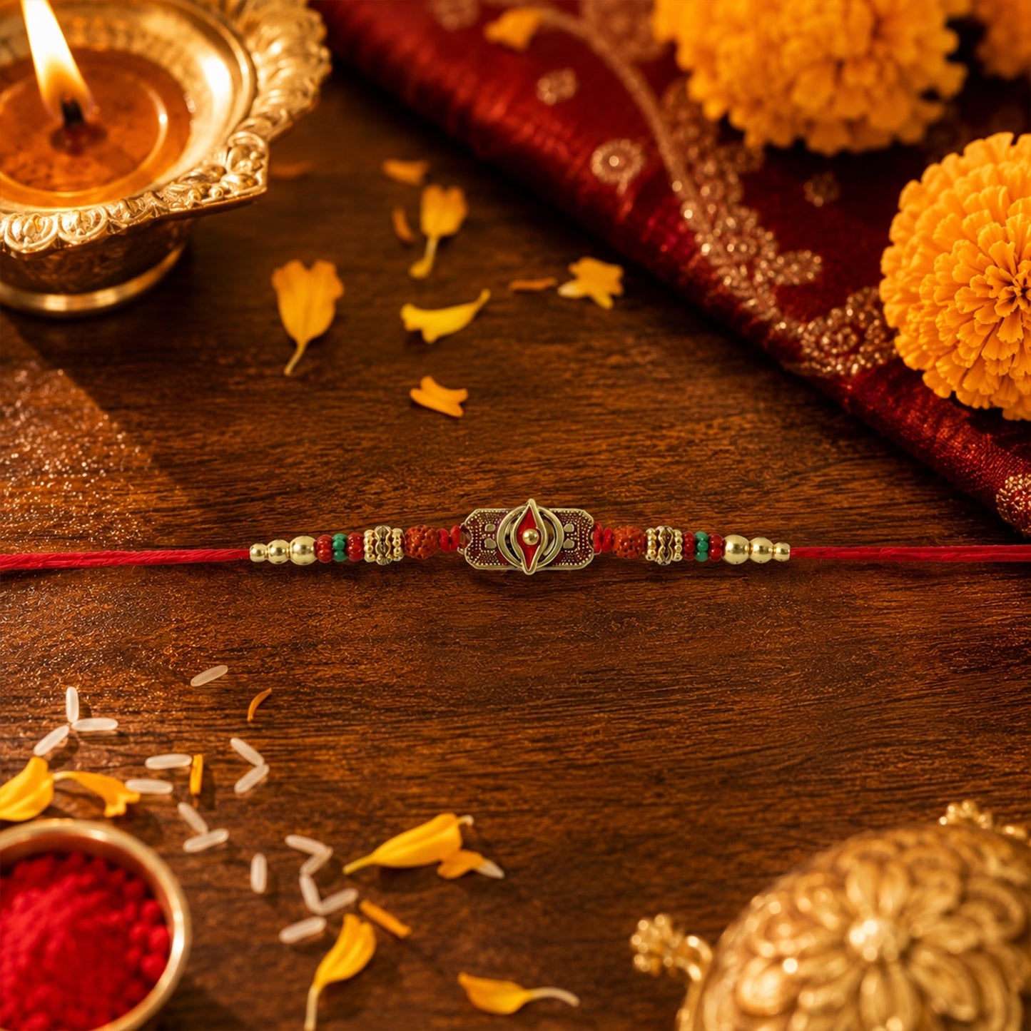 Intricate oxidized Rudraksha Rakhi with craftsmanship and traditional design.