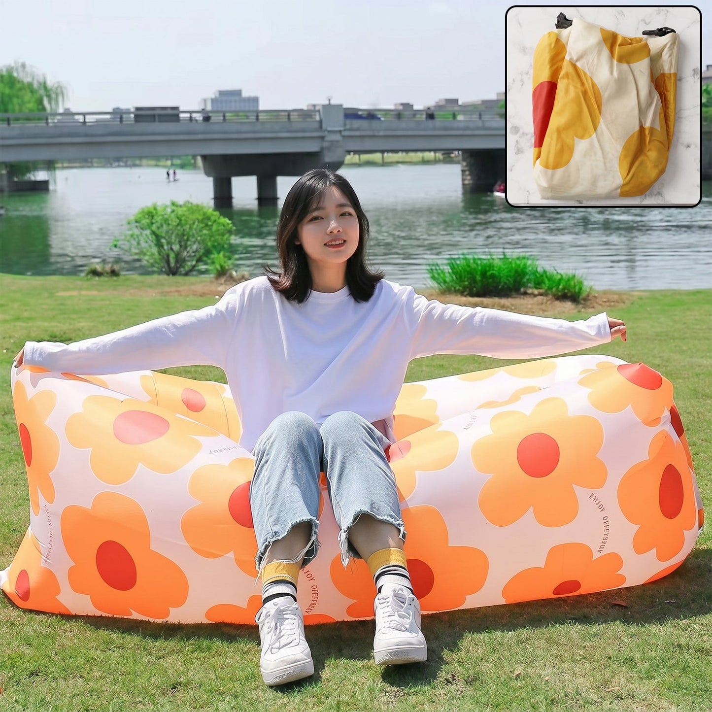 Floral Print Inflatable Air Sofa Lounger 