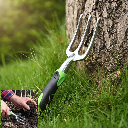 Garden hand fork, 3 tine stainless steel digging tool with ergonomic handle (1 pc)