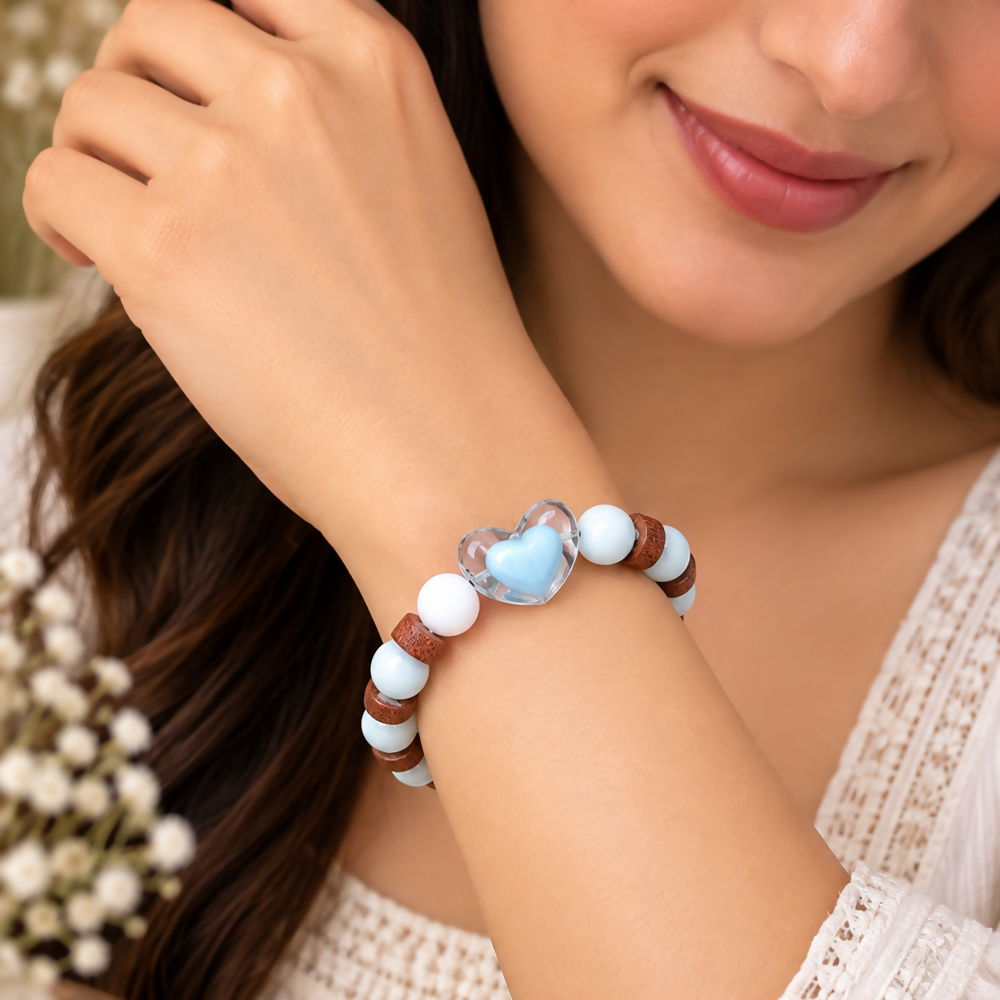 Heart Charm Bracelet with White Beads and Rustic Brown Spacer Details