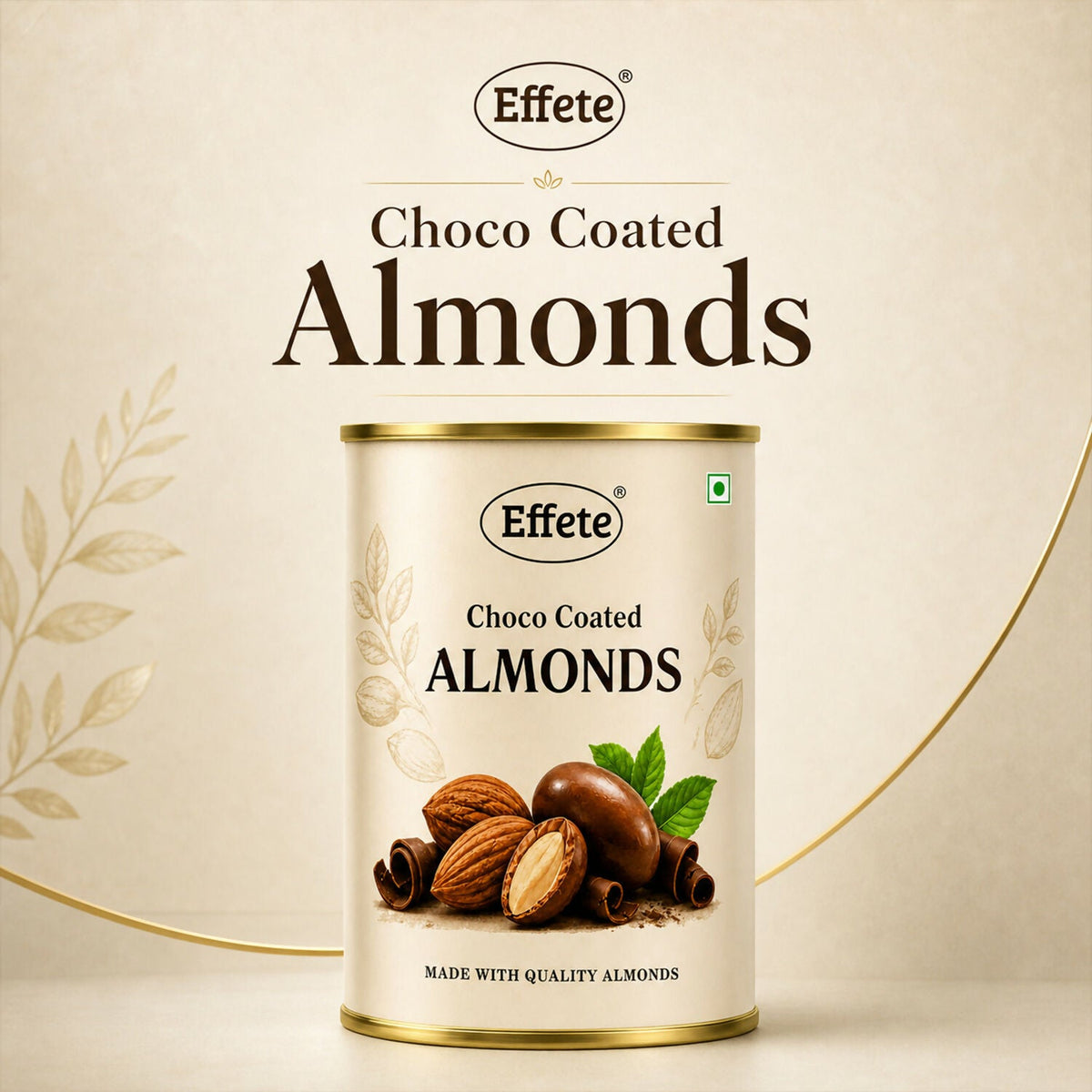 A tall white tin of Effete Choco Coated Almonds with a gold lid, against a cream background.