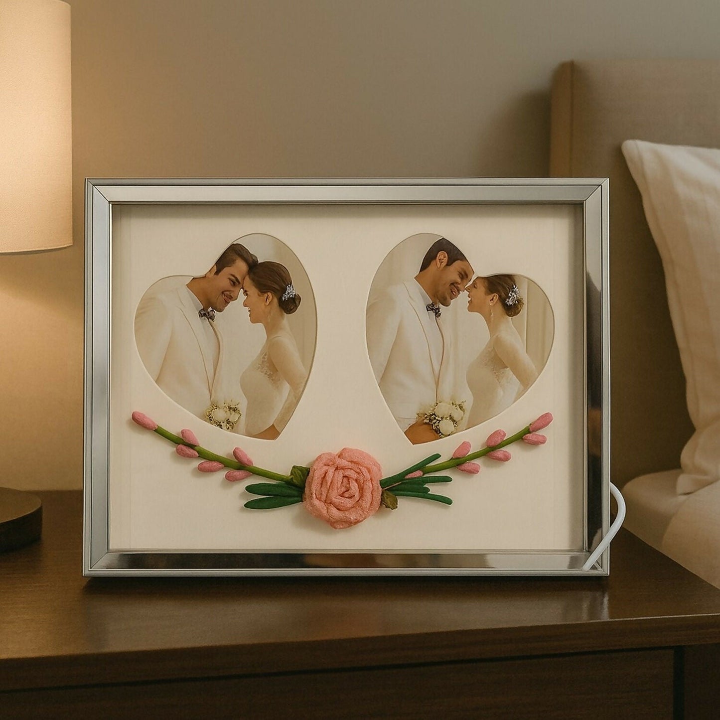Romantic Dual Heart-Shape LED Light Photo Frame for Couple | Decorative Floral Wedding & Anniversary Picture Frame | USB Powered Warm Light Love Frame for Bedroom, Living Room & Gifting | Premium Couple Photo Display for Home DÃ©cor