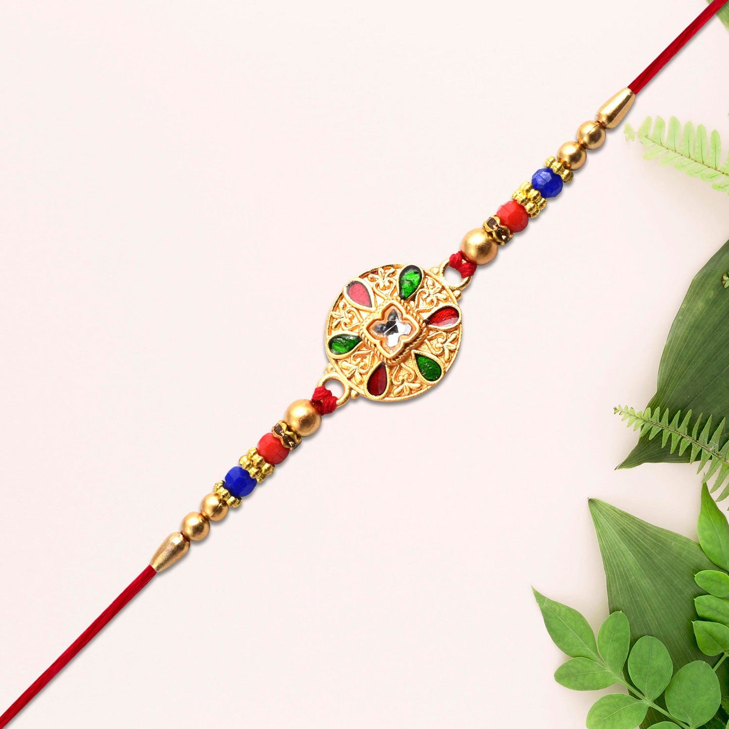 Traditional Meenakari Rakhi showcasing multicolor enamel and Kundan stones close-up