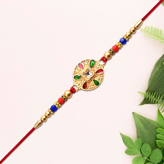 Traditional Meenakari Rakhi showcasing multicolor enamel and Kundan stones close-up