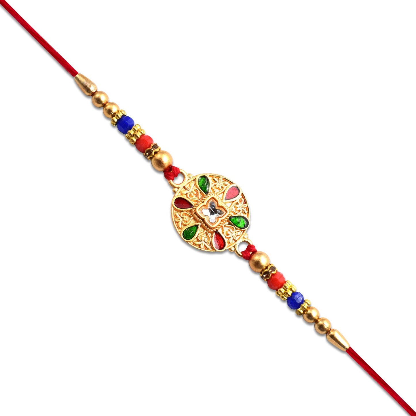 Circular Meenakari Rakhi with gold beads and vibrant design on white background