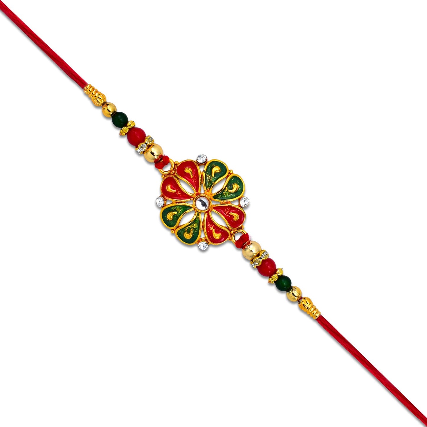 Elegant Flower Rakhi for Brother with enamel petals and golden accents, ready for Raksha Bandhan.