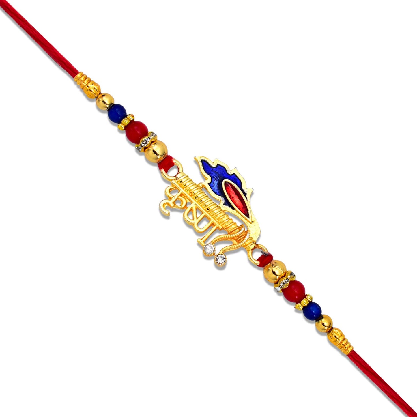 Elegant Golden Krishna Name Rakhi displayed on a festive background.