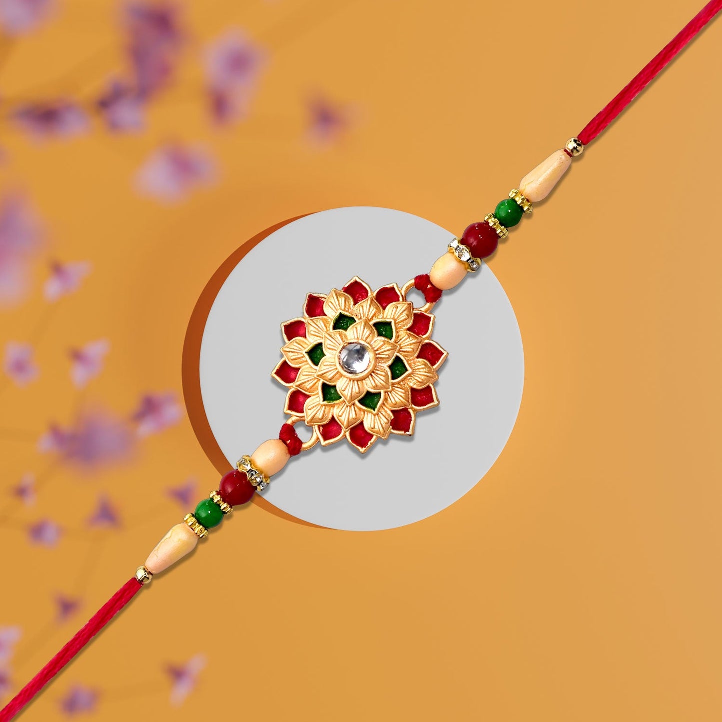 Close-up of handcrafted Flower Design Rakhi showing delicate petals and beads